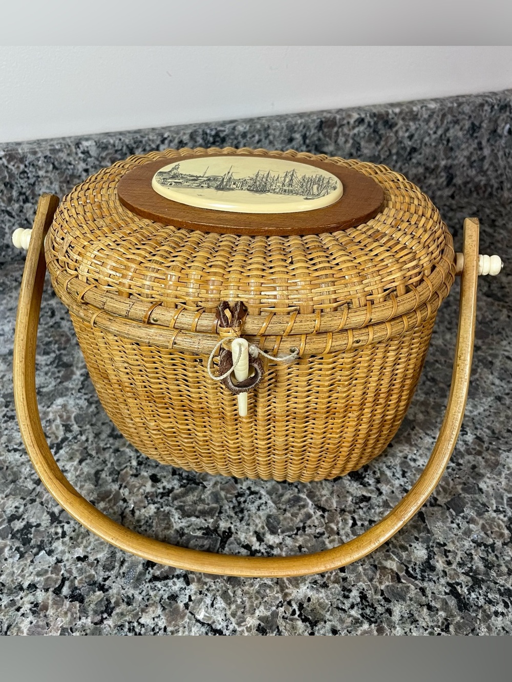 Barlow VTG Basket Purse Nantucket Signed Scrimshaw Style Maritime Ships Harbor